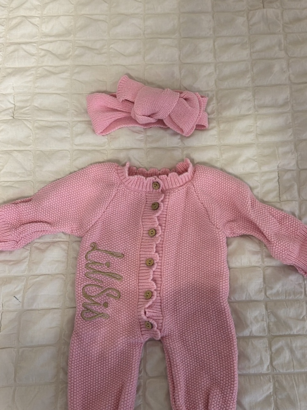 Pink Knit Infant Romper with Headband 0-3 month